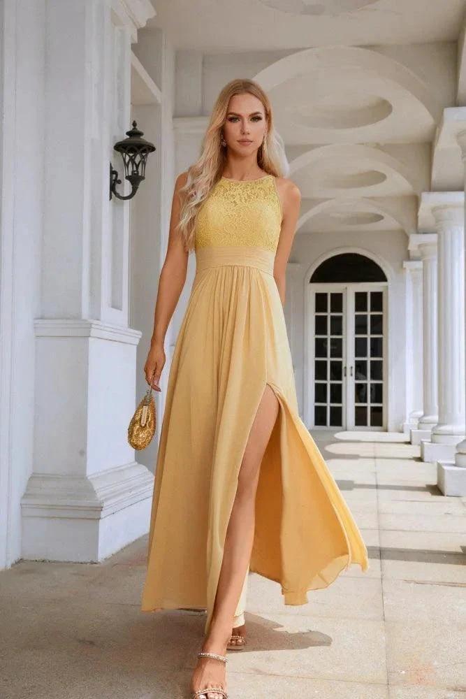 Ladies Lace Chiffon Round Neck Sleeveless Floor Length Bridesmaid Prom Evening Dress Wedding Party Beach 28106 by numbersea