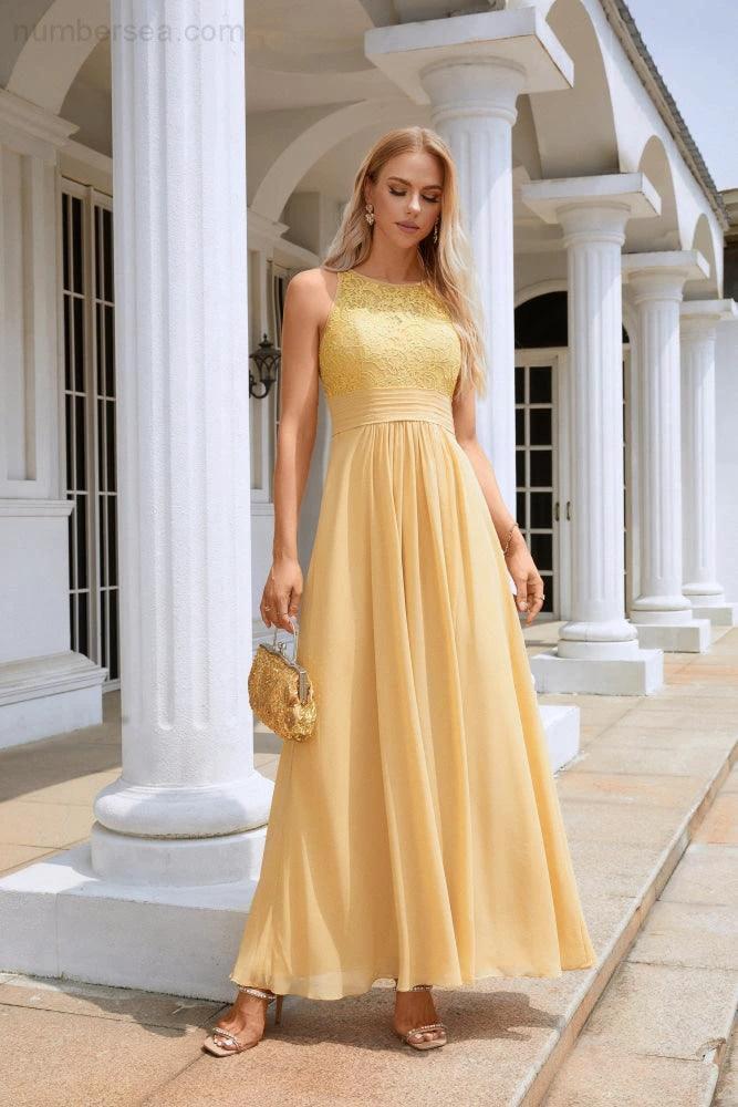 Ladies Lace Chiffon Round Neck Sleeveless Floor Length Bridesmaid Prom Evening Dress Wedding Party Beach 28106 (ZD16972)