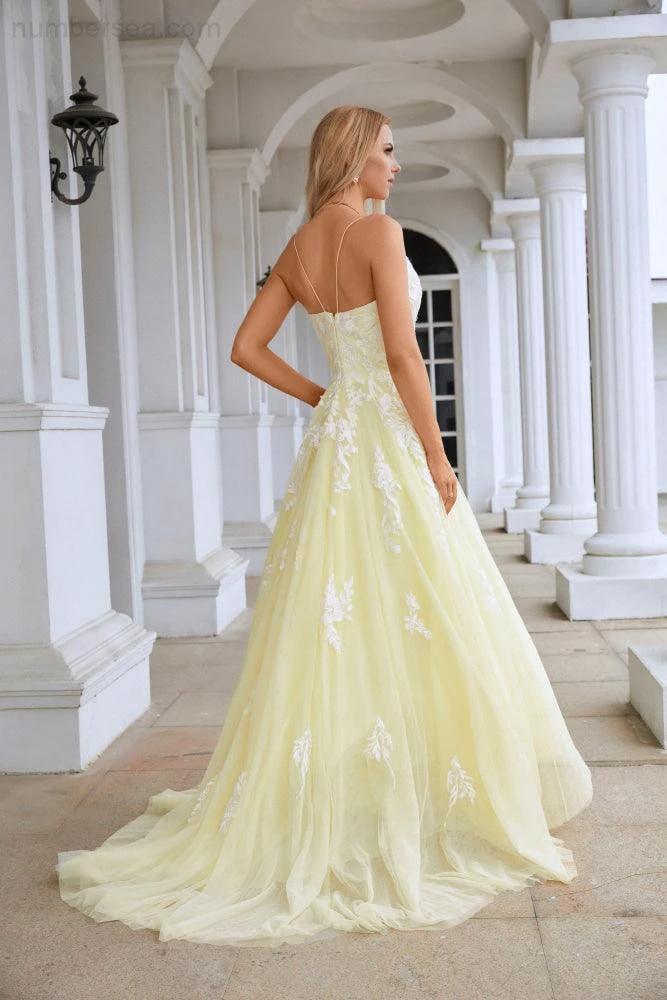 Ladies Spaghetti Strap V Neck Tulle Lace Floor Length Homecoming Dress Prom Wedding Evening Dress 28112 (ZD16985)