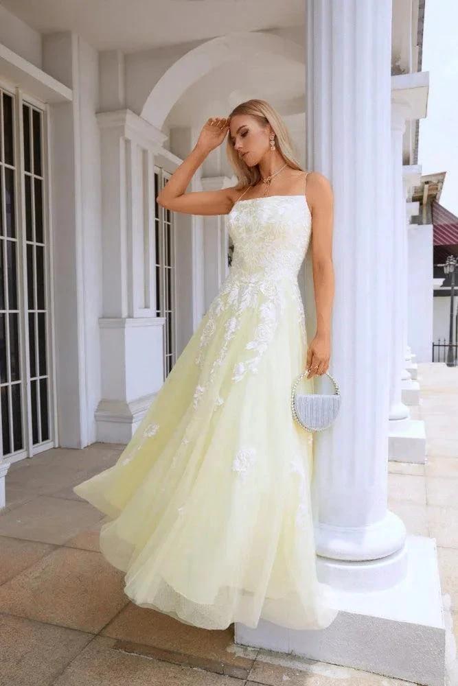 Ladies Spaghetti Strap V Neck Tulle Lace Floor Length Homecoming Dress Prom Wedding Evening Dress 28112 (ZD16985)