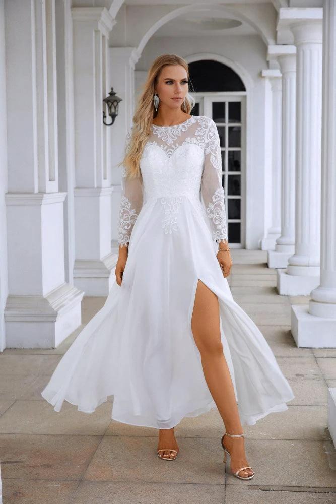 Ladies Round Neck Long Sleeve Front Slit Chiffon Lace Floor Length Bridesmaid Evening Dress Wedding Prom Party Evening Dress 28122 by numbersea
