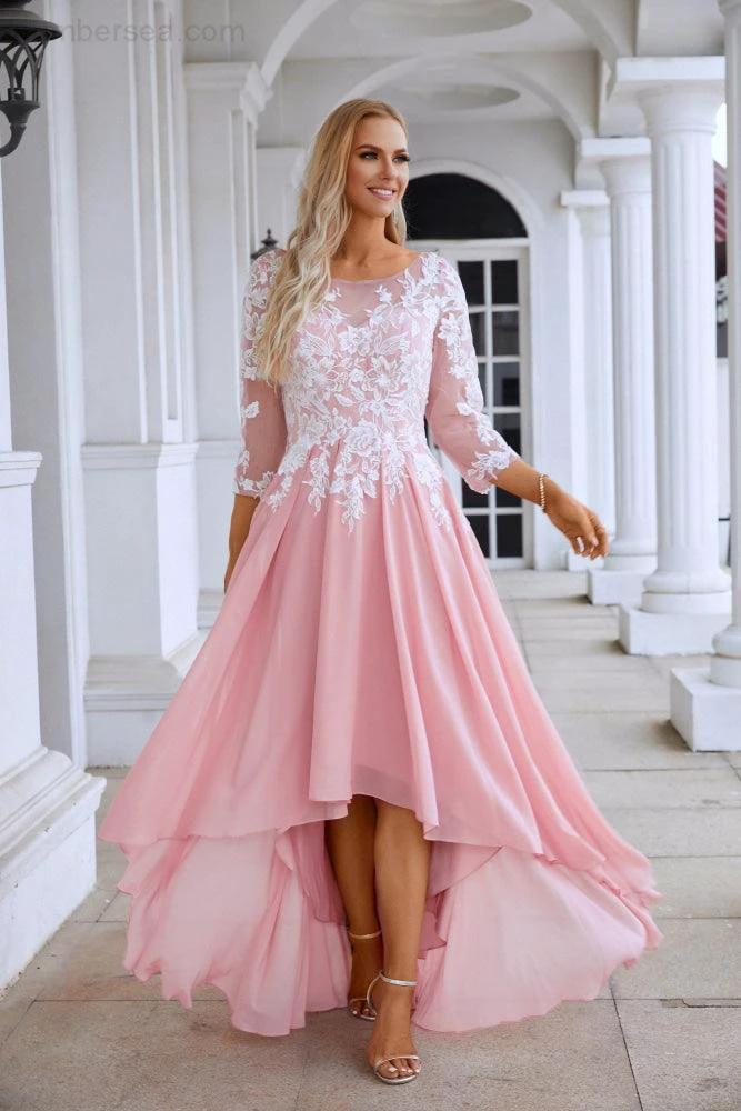 Ladies Round Neck Long Sleeve Chiffon Lace Short Front Short Back Length Length Bridesmaid Evening Dress Wedding Evening Dress 28123 (ZD16974)