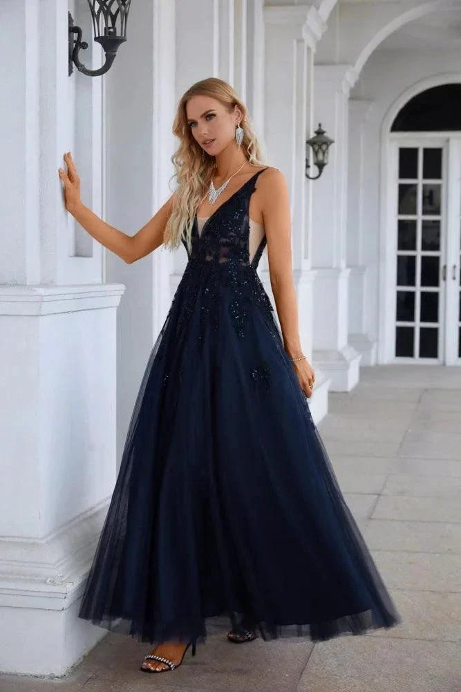 Women's Chiffon V Neck Tulle Embroidery Floor Mop Bridesmaid Evening Dress Prom Wedding Party Evening Dress 28128 by numbersea