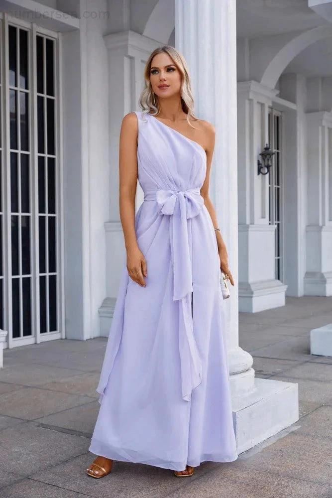 One Shoulder Sleeveless Chiffon Bow Bridesmaid Evening Dress Wedding Prom Party Evening Dress (ZD17006)