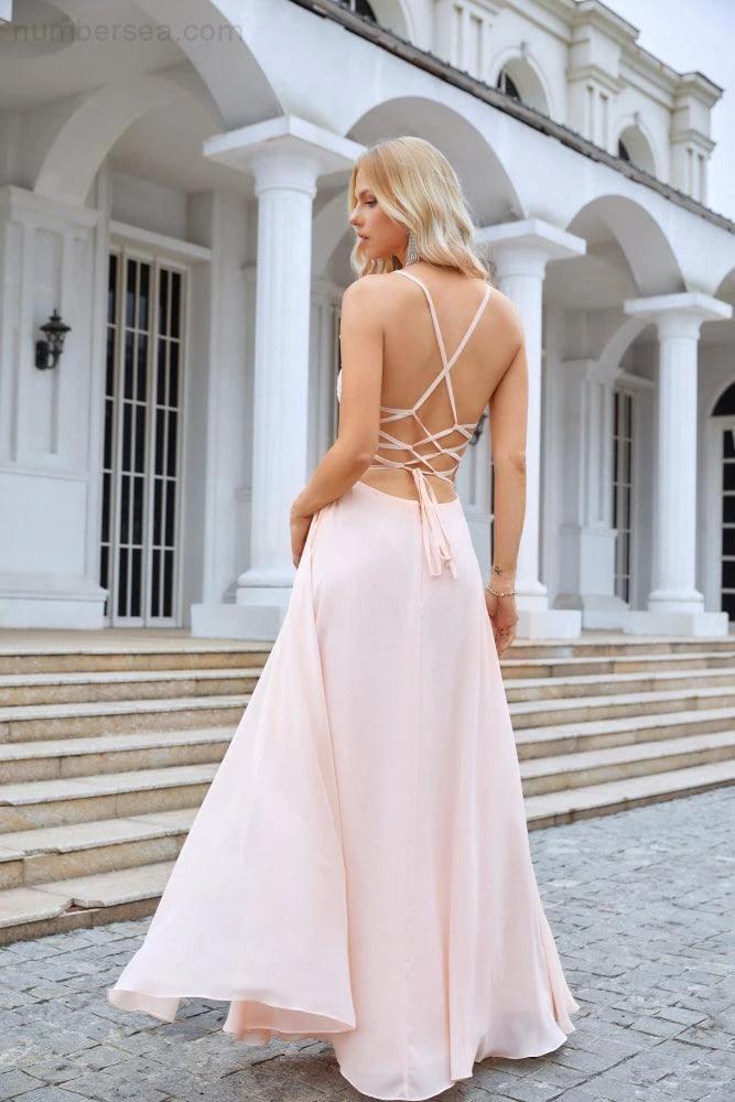 ZapDress Ladies V Neck Front Slit Lace Spaghetti Strap Chiffon Bridesmaid Dress Party Wedding Evening Dress 28088 (ZD16966)