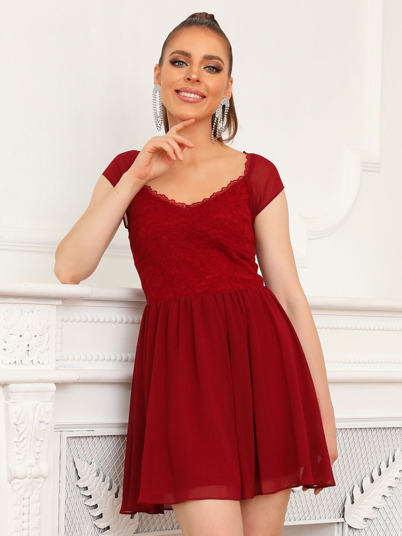 Burgundy Lace A Line Short Graduation Party Dress - Fashionpara
