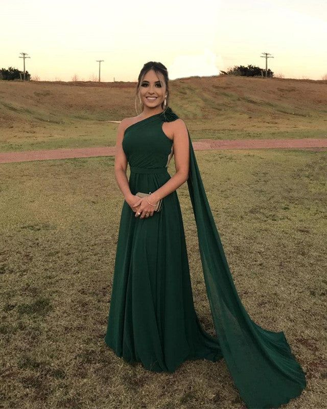 Chiffon One-Shoulder Green Prom Dress,Wedding Guest Dress - FashionDia