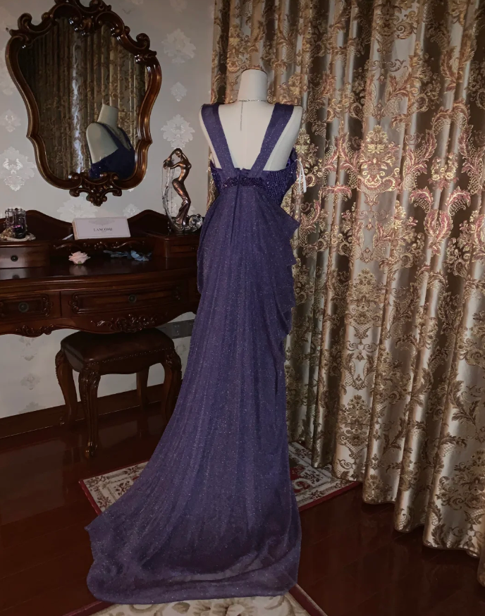 Sparkly Purple Tulle Sequin Beaded Pleated Mermaid Evening Dress Long Birthday Prom Gown - View 5 | FashionDia