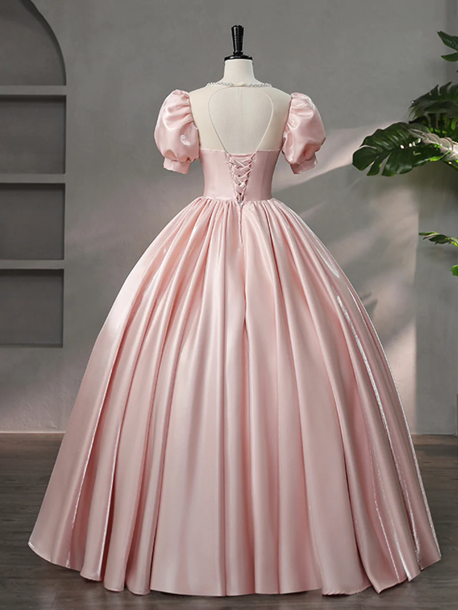 Beautiful Pink Scoop Neck Satin Floor Length Prom Dress A-Line Short Sleeve Evening Dress with Bow Y6082 - View 2 | VelvetHem