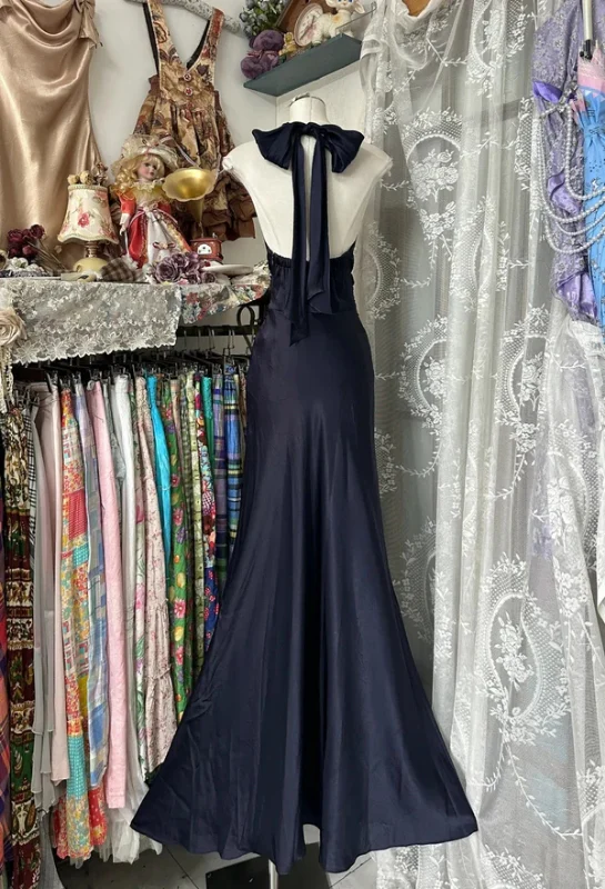 Retro Halter Satin Mermaid Navy Blue Backless Long Evening Dress Formal Birthday Party Dress - View 3 | FashionDia