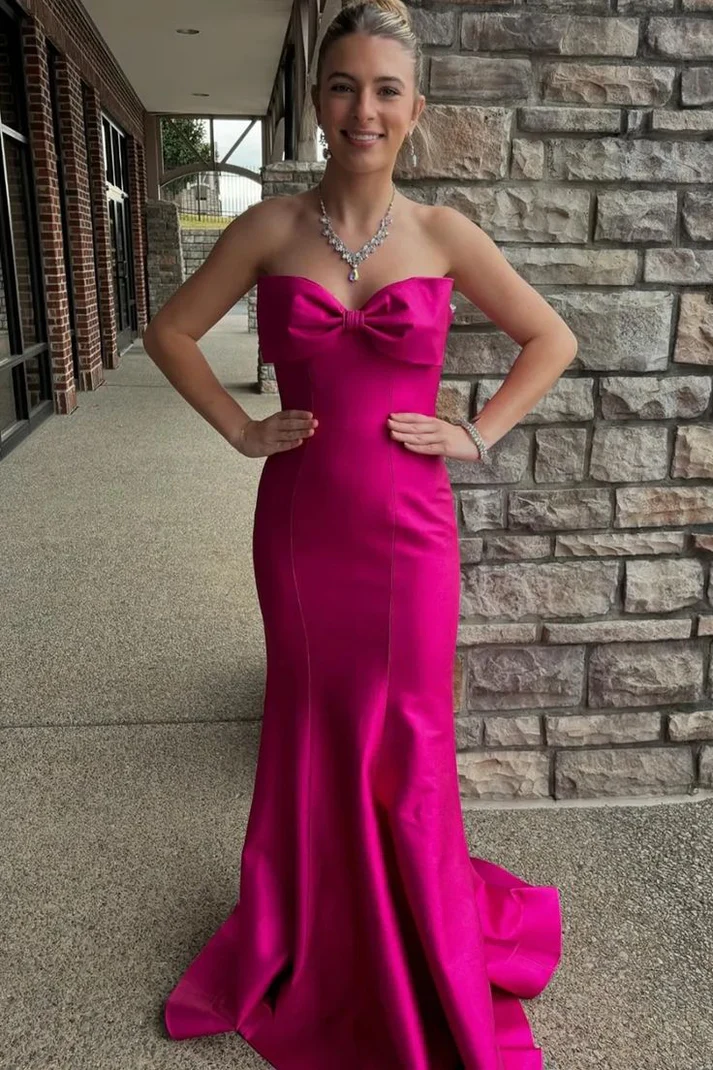 Chic Bow Strapless Mermaid Evening Dress Hot Pink Prom Dress - FashionDia