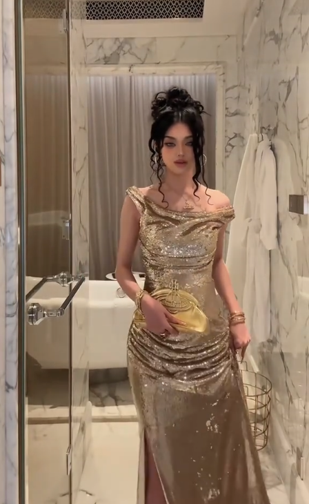 Elegant Champagne Gold Sequins Mermaid Prom Dress,Off-the-Shoulder Slit Long Prom Dress Party Gown - View 3 | FashionDia