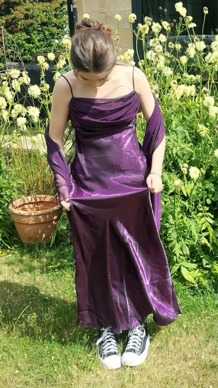 Fashion Spaghetti Strap Purple Satin A Line Long Wedding Guest Dress Party Dress