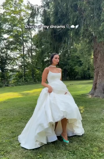Simple Ball Gown Spaghetti Straps White Satin Long Wedding Dress - View 4 | FashionDia