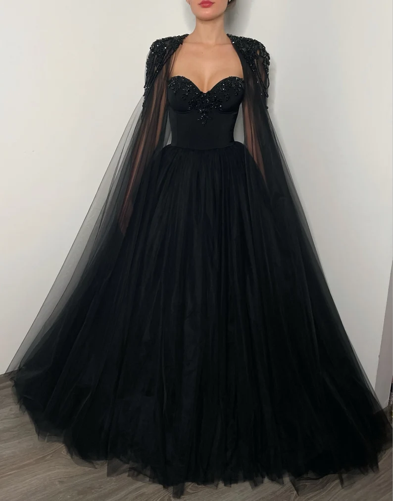 Black Gothic crystal beaded corset wedding tulle dress, elegant beaded alternive bride dress, long black cape black prom dress - View 2 | FashionDia