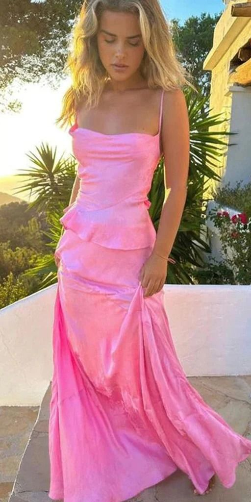 Charming Spaghetti Straps Pink Long Prom Dress Mermaid Evening Dress - View 2 | FashionDia