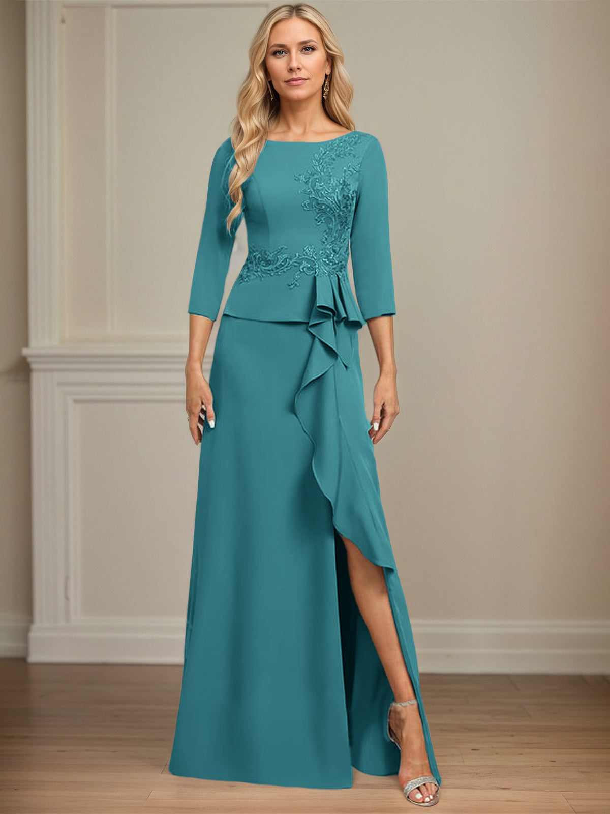 Sheath/Column Scoop Floor-Length Stretch Crepe Dress With Cascading Ruffles Appliques