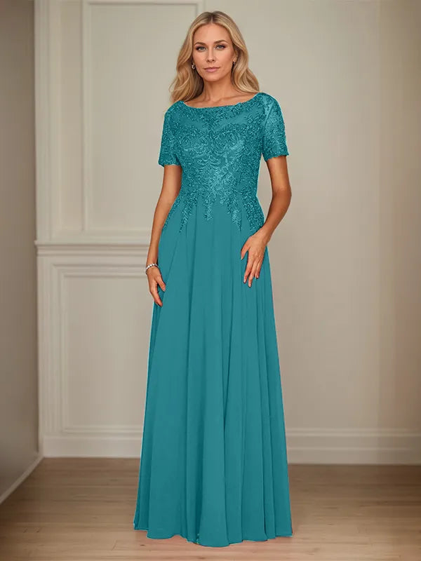 A-Line Chiffon Boat Neck Short Sleeves Floor-Length Mother of the Bride Dresses
