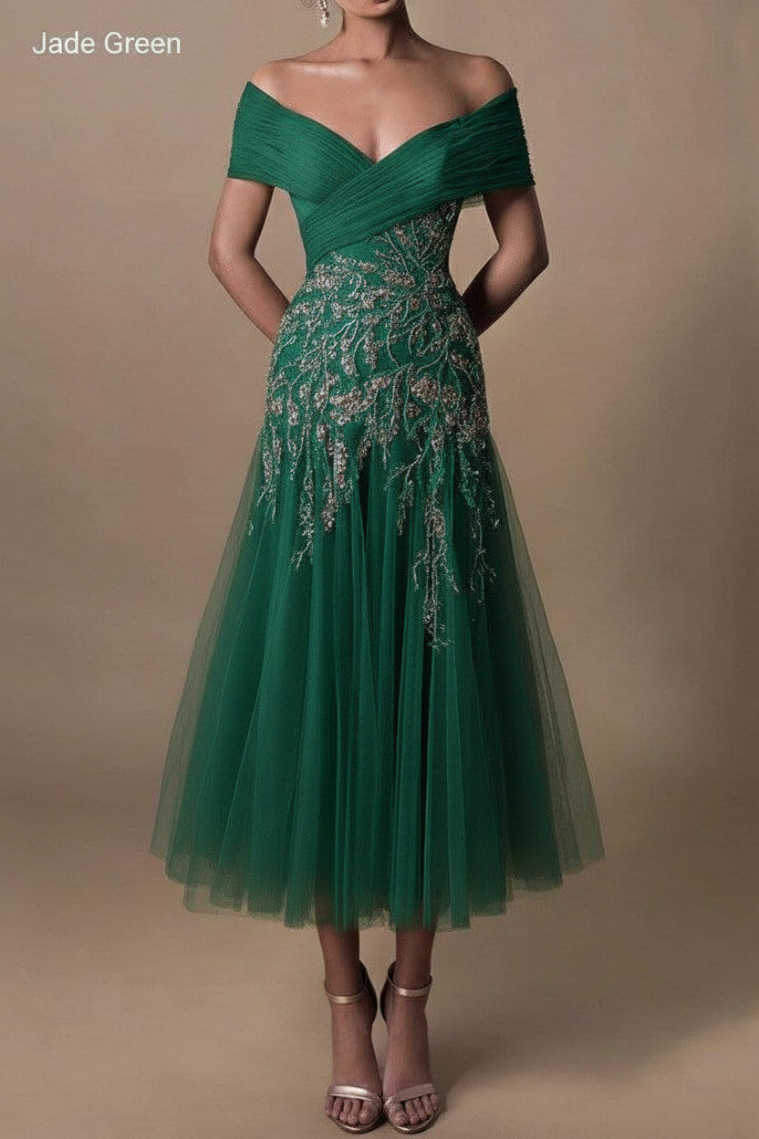 Gorgeous Short Long Off-the-Shoulder Beadings Beach Bridal Dress With Lace