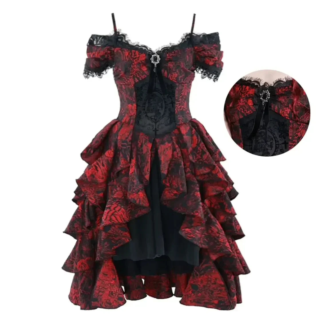Japanese Gothic Style Red Black Halloween Off-Shoulder Court Wave Autumn Dark High-Waist Lolita Party Dress - View 6 | VelvetHem