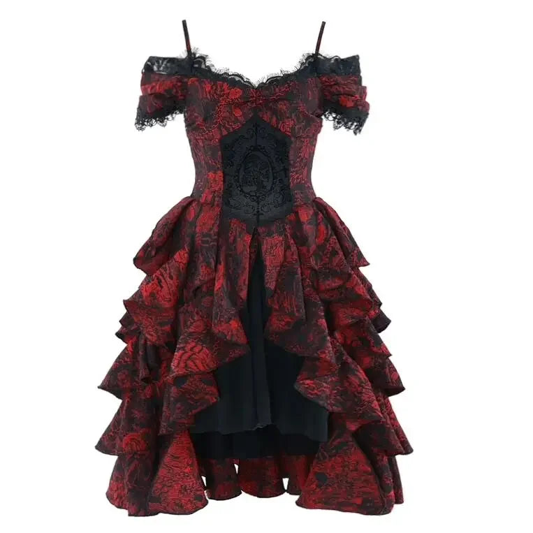 Japanese Gothic Style Red Black Halloween Off-Shoulder Court Wave Autumn Dark High-Waist Lolita Party Dress - View 7 | VelvetHem