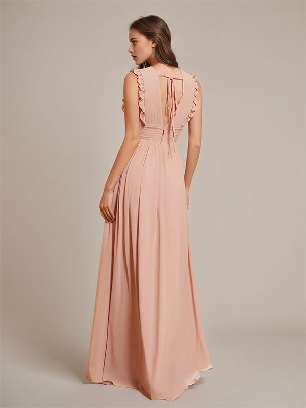 Dusty Rose A-Line Chiffon V-Neck Sleeveless Floor-Length Bridesmaid Dresses With Ruffles - View 2 | FashionDia