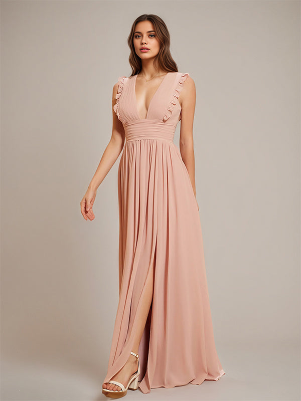 Dusty Rose A-Line Chiffon V-Neck Sleeveless Floor-Length Bridesmaid Dresses With Ruffles - View 3 | FashionDia
