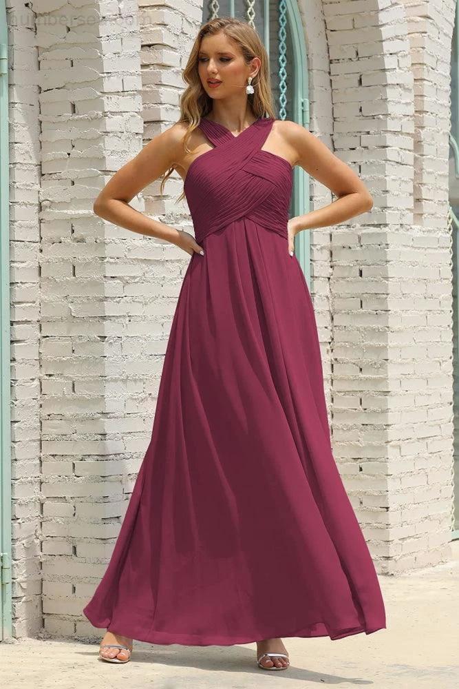 ZapDress Women Halter Chiffon Bridesmaid Dress A-line Long Formal Prom Gown (ZD17050)