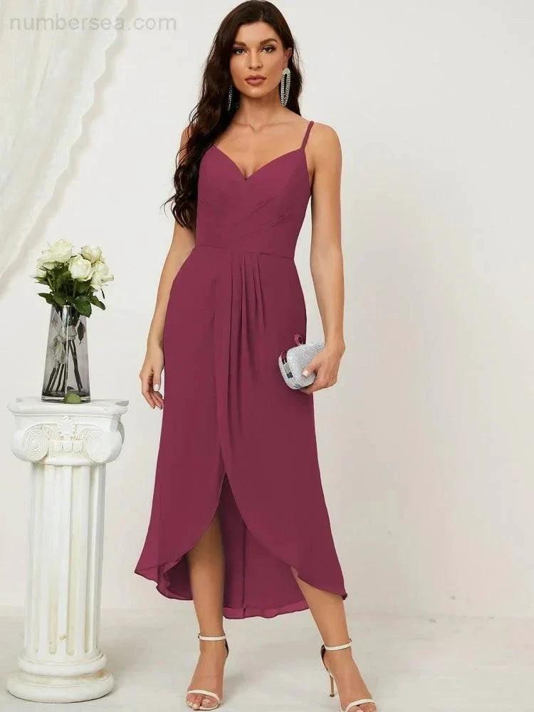 ZapDress Spaghetti Chiffon V Neck Bridesmaid Dress Mid-Length Slit Formal Prom Dress Homecoming Dress 2803 (ZD16952)