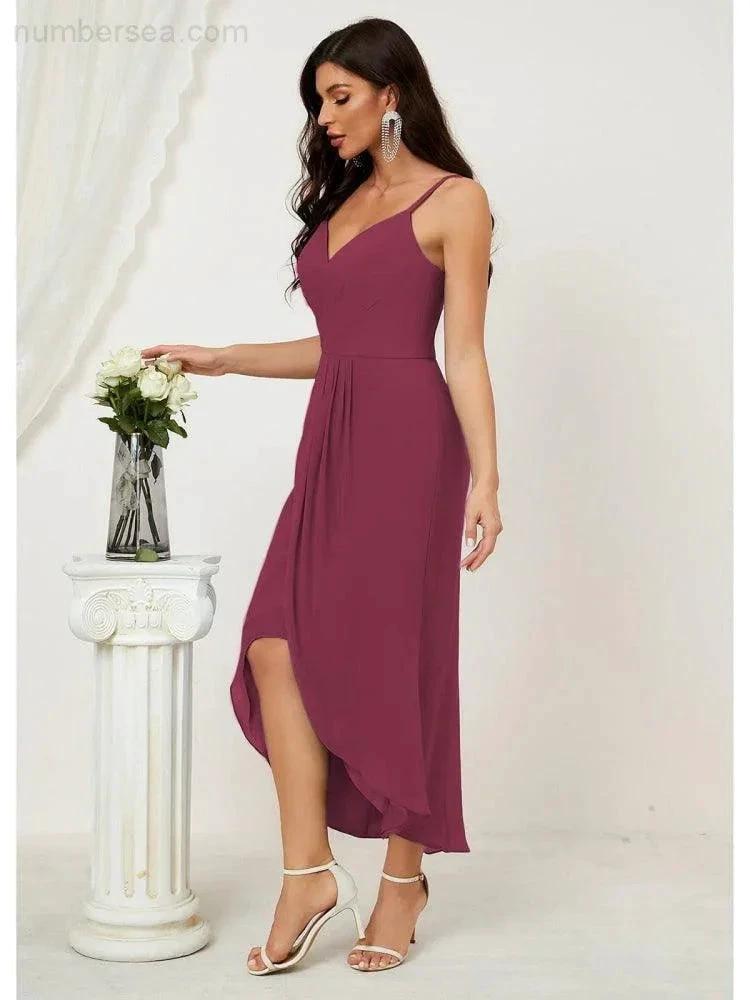 ZapDress Spaghetti Chiffon V Neck Bridesmaid Dress Mid-Length Slit Formal Prom Dress Homecoming Dress 2803 (ZD16952)