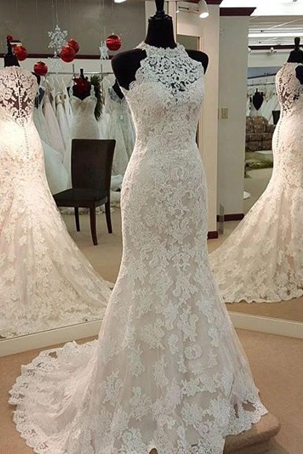 Jewel Neck Mermaid Lace Applique Sleeveless Wedding Dresses (ZD15454)