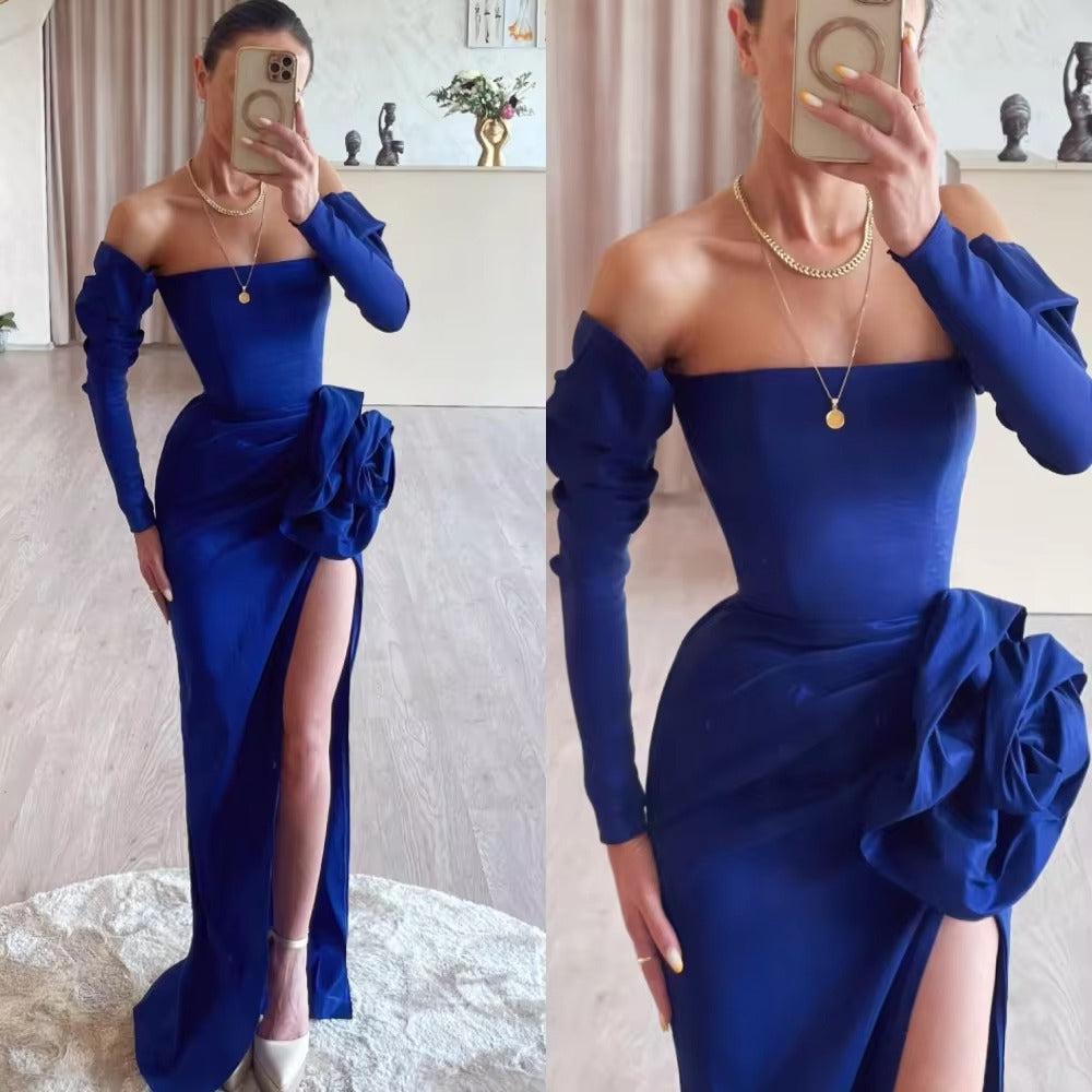 Fashion Saudi Arabia Prom Dresses Off The Shoulder Mermaid 3D Flower Side Slit Formal Evening Dresses Women Party Gown