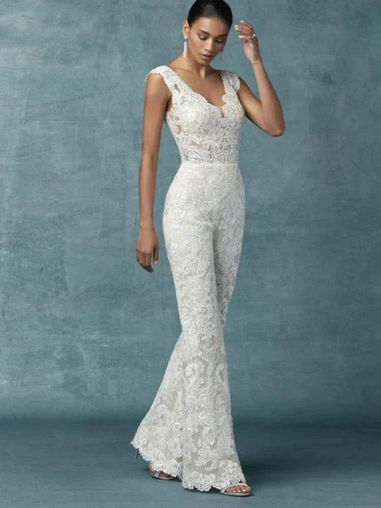 Wedding Dresses With Detachable Train Bride Pants Suit Lace Appliqued Sleeveless Women Brides Outfits Backless Custom (ZD13561)