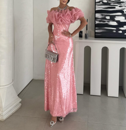 Shiny Off-the-Shoulder Sequin Mermaid Evening Dress Pink Long Party Gown - View 2 | FashionDia