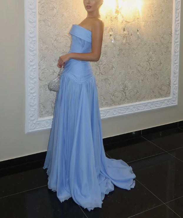 Elegant Strapless Blue Chiffon Pleated Mermaid Evening Dress Long Wedding Guest Dress - View 2 | FashionDia