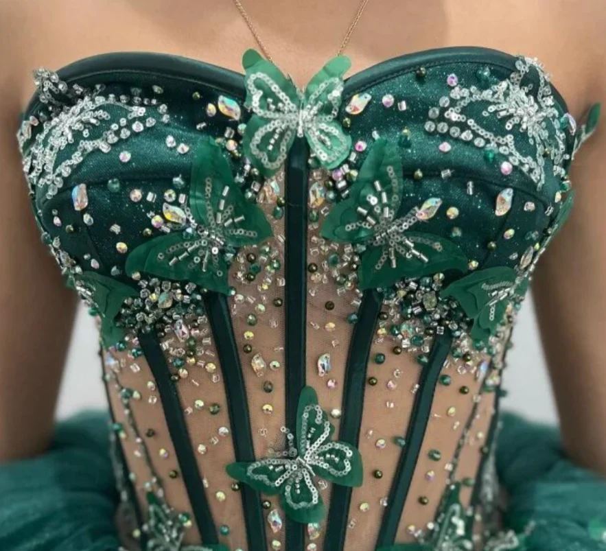 Green Tulle Ball Gown With Butterflies,Sweet 16 Dress, Green Quinceanera Dress Y2344 - View 4 | VelvetHem