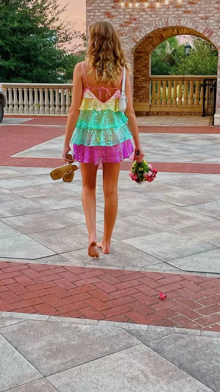 Women Shiny Sequin Sparkle Homecoming Dress Sleeveless Glitter Layered Rainbow Ruffle Dress Party Club Night Dress (ZD12065)
