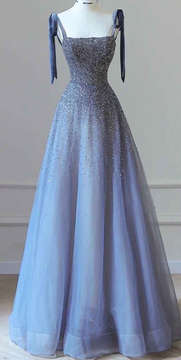 Luxurious Spaghetti-Strap Blue Tulle A-Line Prom Dress Pretty Evening Gown Y8040 - VelvetHem