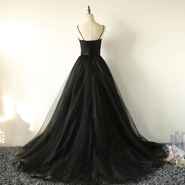 Ball Gown Spaghetti Straps Black Tulle Prom Dress Long Brush/Sweep Train Prom Dress - View 3 | FashionDia