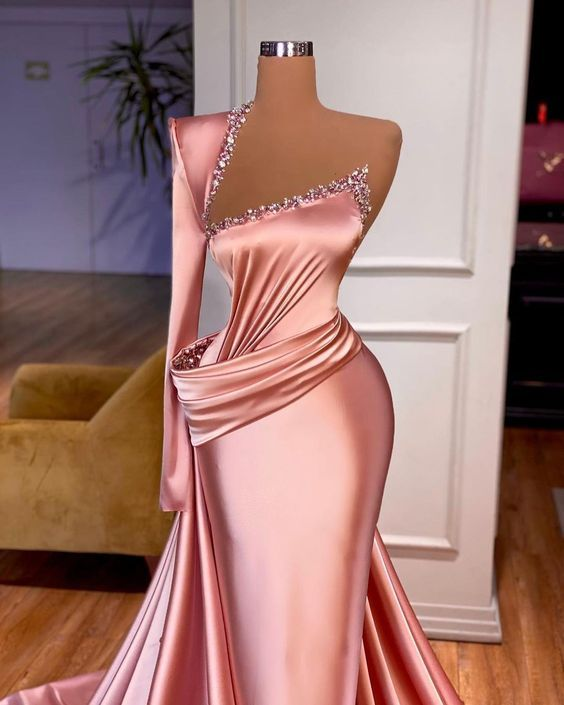 Pink Evening Dress Long One-Shoulder Modest Beaded Elegant Luxury Formal Dress - FashionDia