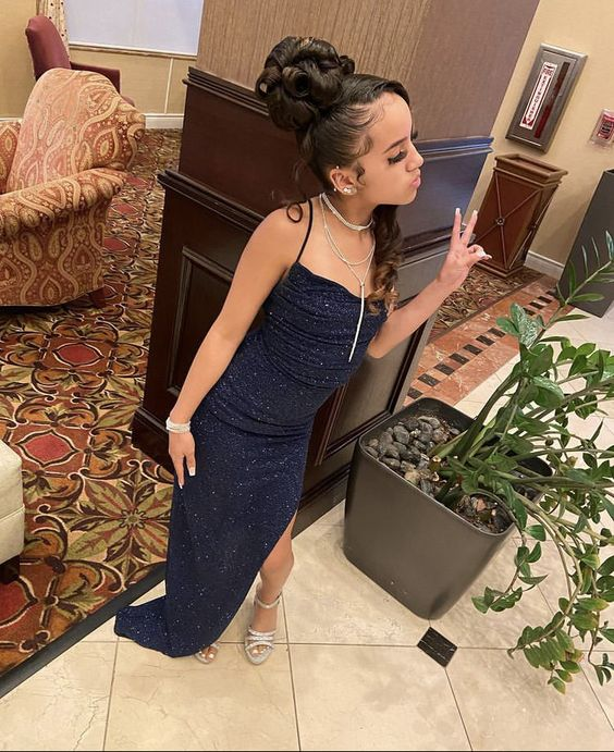 Navy Blue Sequin Long Prom Dresses Sheath Evening Dress Y7451 - View 2 | VelvetHem