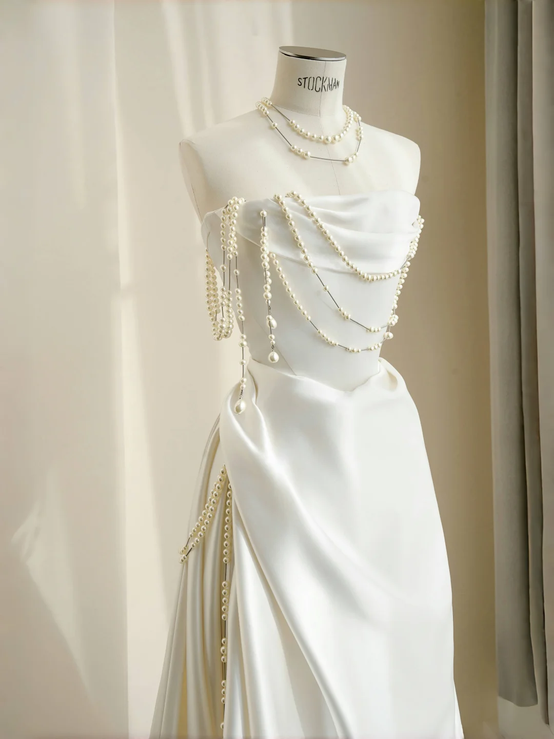 Classy Strapless Satin Pearls Chain White Prom Dress A Line Evening Dress Y8684 - View 3 | VelvetHem
