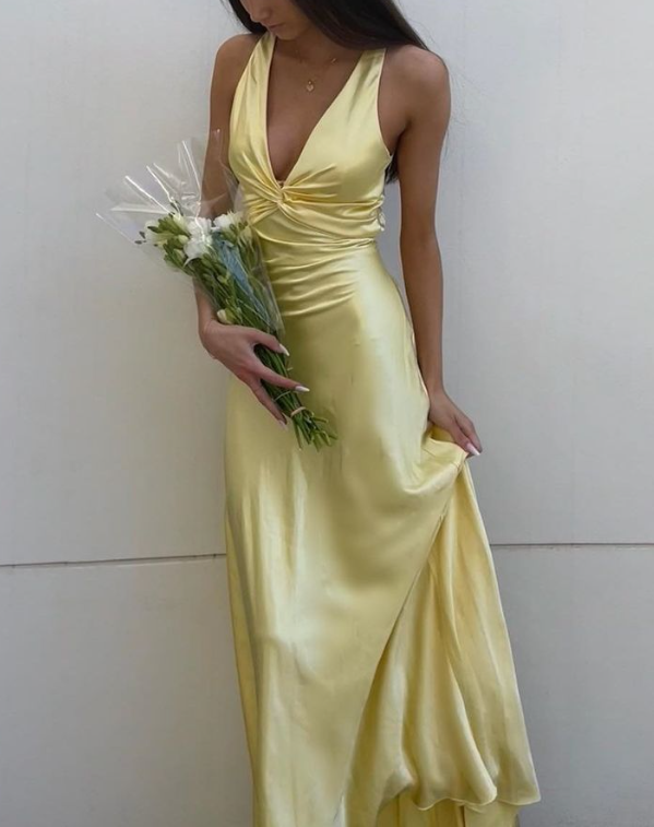 Sexy V Neck Yellow Satin Bow Back Party Dress Long Prom Evening Dress