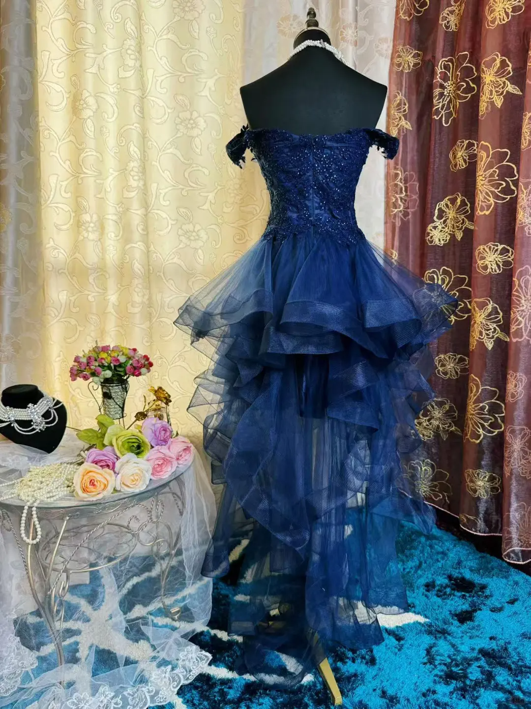 Vintage Navy Blue Tulle Appliques A-Line Short Homecoming Dress Off-the-Shoulder 19th Birthday Outfits - View 10 | FashionDia
