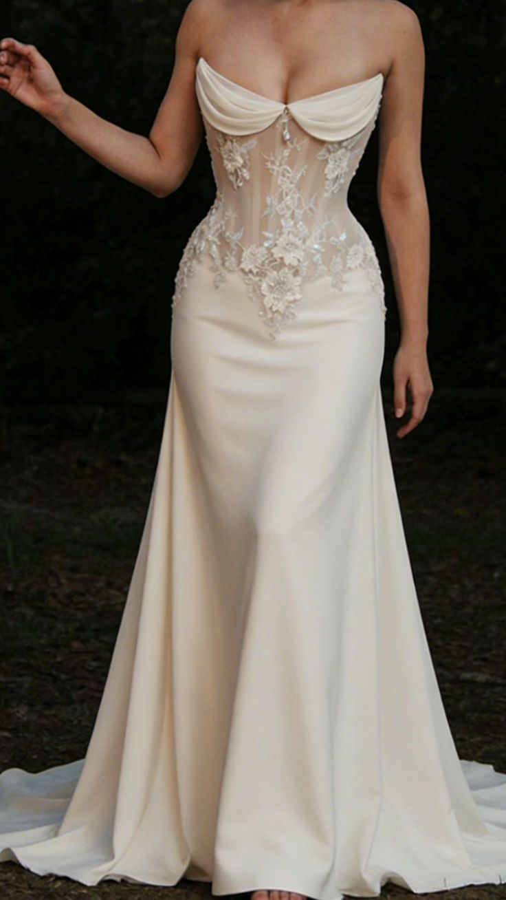 Classy Strapless Satin Appliques White Mermaid Long Wedding Dress - FashionDia