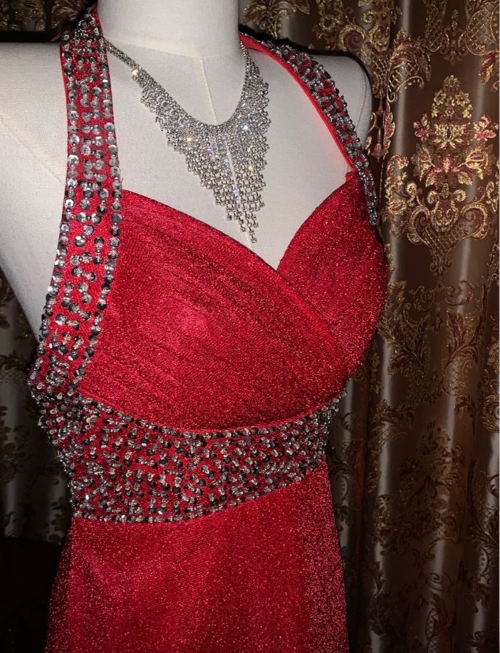 Glitter Halter Red Tulle Sequin Beaded A-Line Long Party Dress Evening Dress - View 7 | FashionDia