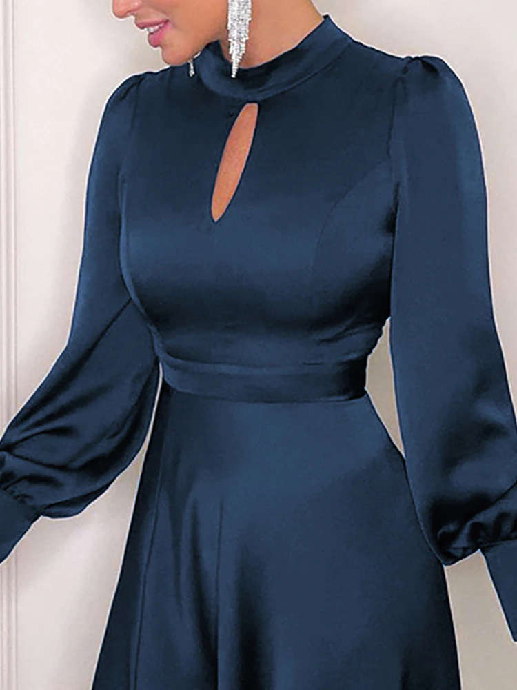 Elegant Simeple Prom Dress With Long Sleeves Split Evening Dress Women's Plain Puff Sleeve O-Neck Long Dress - View 5 | FashionDia