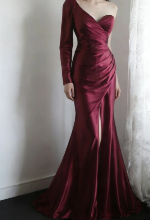Vintage Burgundy One-Shoulder Satin Pleated Long Wedding Guest Dress Formal Slit Party Dress - FashionDia