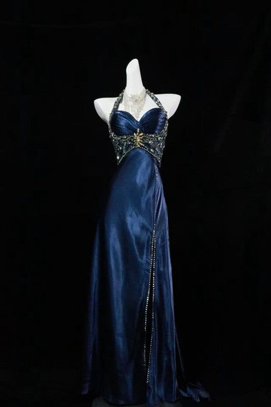 Gorgeous Navy Blue Halter Beaded Satin Memiad Prom Dress Fashion Slit Party Prom Dress