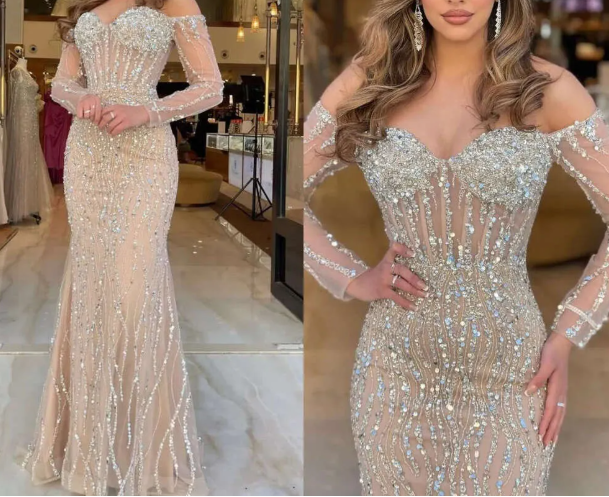 Luxury Sweetheart Long Strapless Beading Tulle Prom Dress Mermaid Evening Gown Y7629 - View 3 | VelvetHem